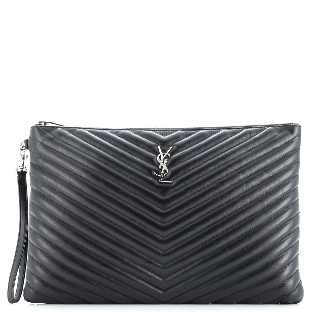Saint Laurent Black Quilted Leather Wrist Clutch with Silver Hardware